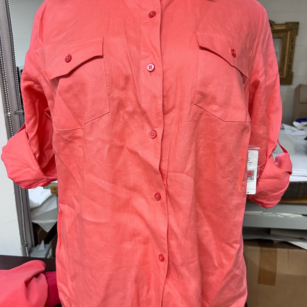 Pink 3/4 Sleeve Notched Collar Button Down Blouse